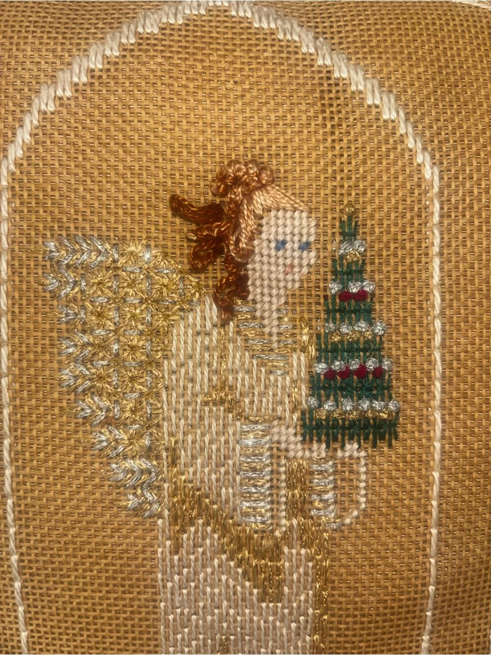 Vintage needlepoint lace and satin Noel pillow
